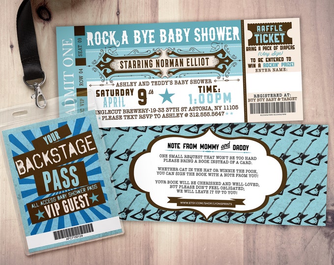 Rockstar baby shower invitation, Coed baby shower invitation, Rockabye baby shower, ticket invitation, rockstar baby