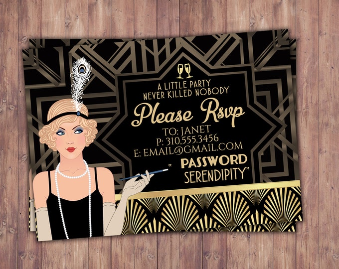 Great Gatsby birthday, RSVP card, Roaring 20's, Hollywood film theme party, Black and gold, glam, old Hollywood