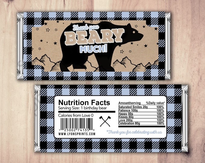 Digital Candy Bar Wrapper – lumberjack, bear  – Party Favors- shower favor, candy, lumberjack baby shower, woodland, birthday favor