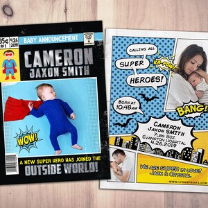 Annuncio di nascita personalizzato supereroe, annuncio di nascita a fumetti, bambino, bambina, super eroe