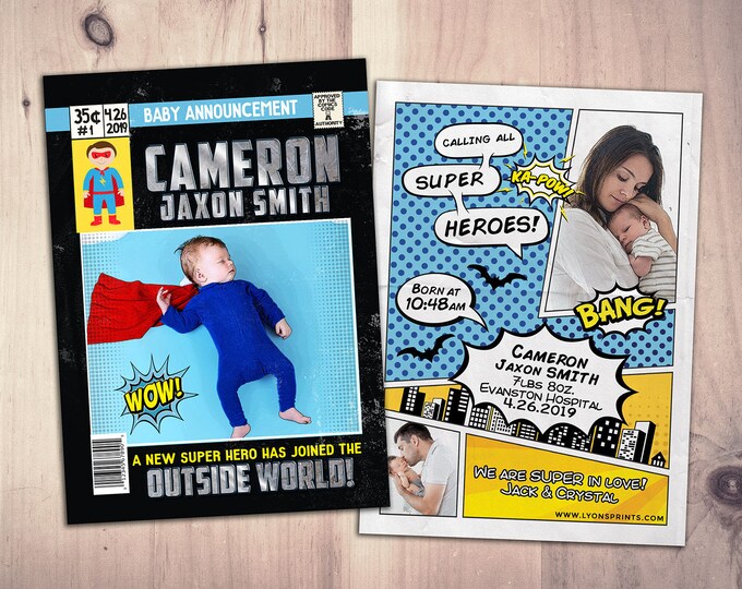 Superhero Custom Birth Announcement , comic birth announcement, baby boy, baby girl, super hero
