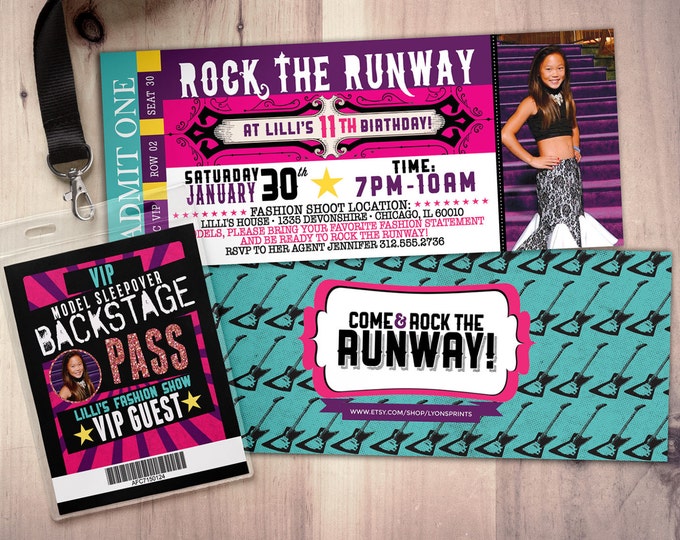 Rock the Runway, ticket birthday party invitation- popstar invitation-  rockstar party, fashion birthday, zebra print, high fashion, runway