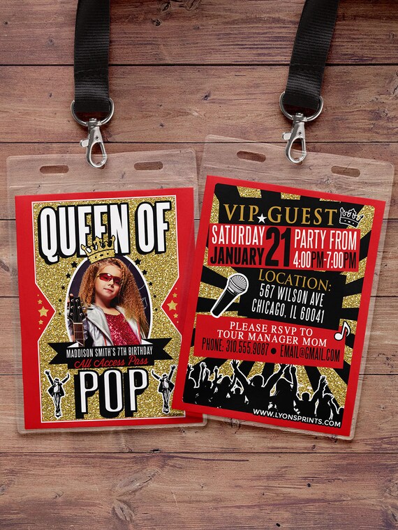 Queen of pop, Hip Hop, VIP PASS, backstage pass, Vip invitation, birthday invitation, pop star, lanyard, Rock Star birthday, Popstar Il_570xn