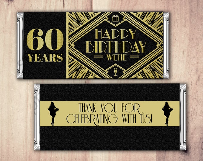 Birthday Candy Bar Wrapper, old hollywood, chocolate wrapper- 40th, 21st, 30th, 50th, 60th, 70th, 1st, Gift, Roaring 20's, party favor