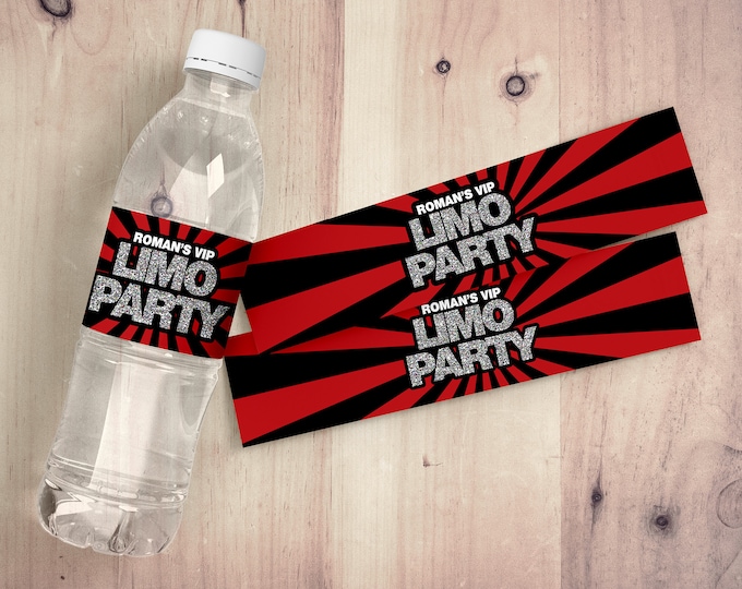 Limo party, Water Bottle Labels, birthday party decor, limo ride party, limo, labels, stickers, water label