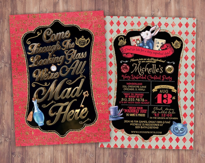 Wedding, bridal shower, Tea Party, Wonderland Invitation, Birthday Invitation, through the looking glass, wonderland