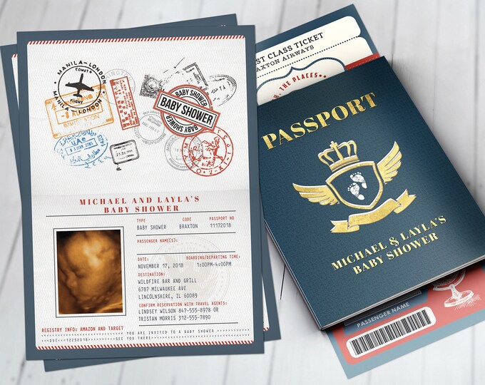 PASSPORT and TICKET baby shower invitation, vintage airplane, travel theme, Precious Cargo, time flies, airplane invite, Digital files only