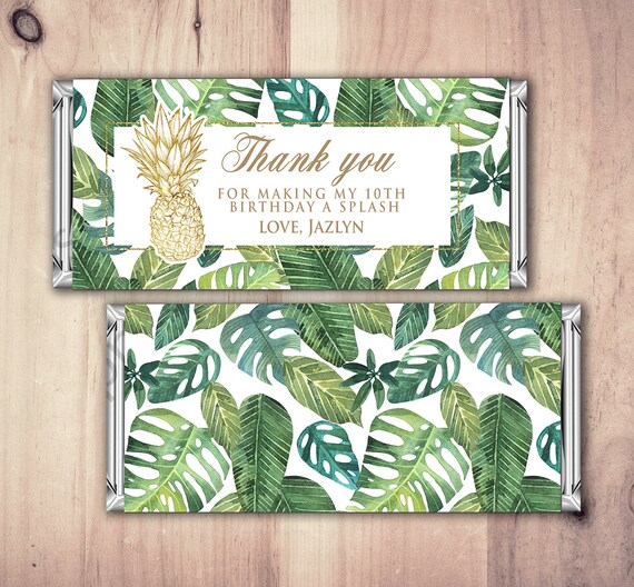Birthday, Candy Bar Wrappers - Gold, jungle, tropical, pool party, retirement, party favor, pineapple, jungle leaves, thank you Il_570xn