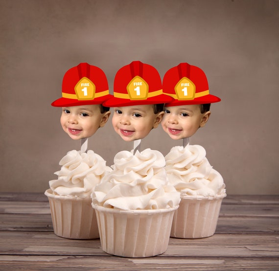 Photo Cupcake Toppers, Digital File - birthday, fireman, fireman party, firetruck, fire truck, first birthday, 1st, engine, fire engine, Il_570xn