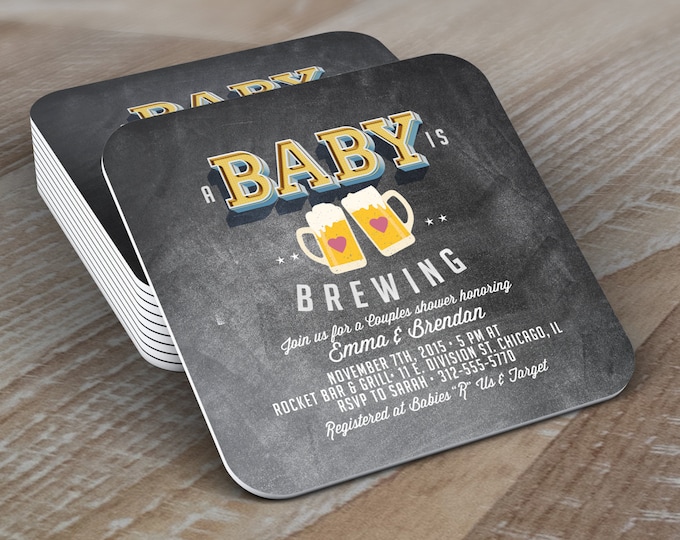 Digital logo file Baby is brewing, Coed baby shower invitation, Beer baby shower invitation, couples baby shower, BBQ, party, Coaster