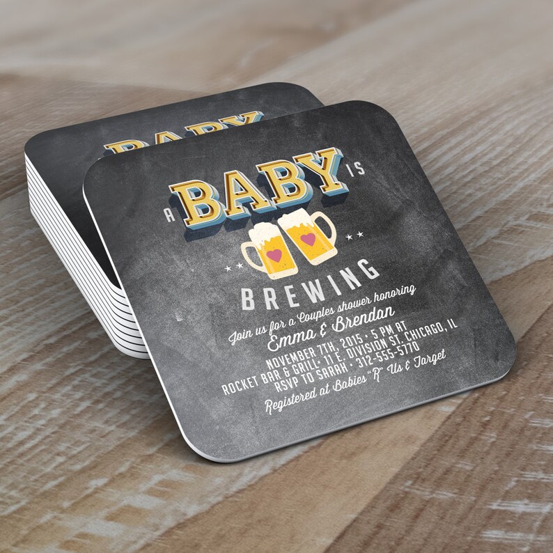 Digital logo file Baby is brewing, Coed baby shower invitation, Beer baby shower invitation, couples baby shower, BBQ, party, Coaster image 1