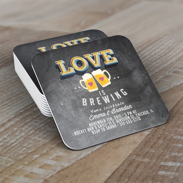 Personalized DIGITAL Coaster logo, LOVE is brewing, Coed wedding shower invitation- Beer- couples shower  -  BBQ, party decor, bridal shower