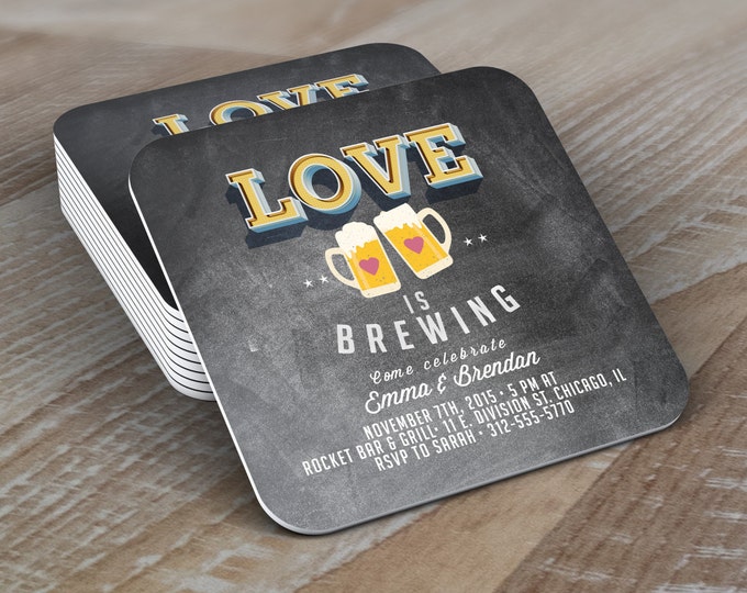 Personalized DIGITAL Coaster logo, LOVE is brewing, Coed wedding shower invitation- Beer- couples shower  -  BBQ, party decor, bridal shower