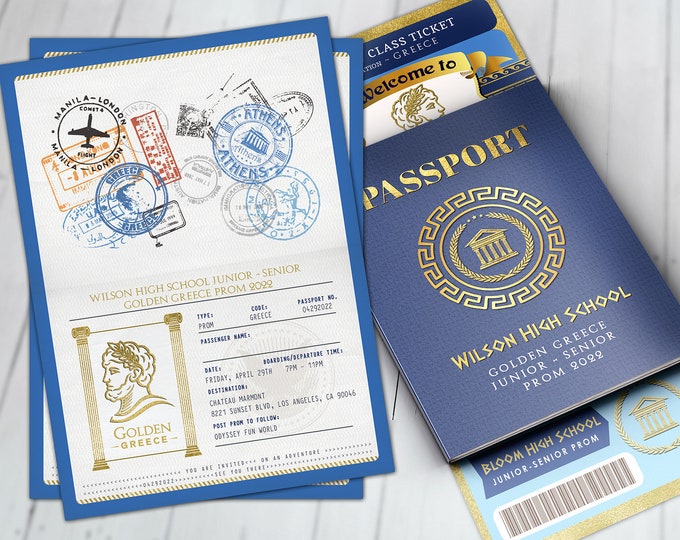 Prom, passport and ticket invitation, Greece passport, mediterranean, homecoming, Greek, School dance