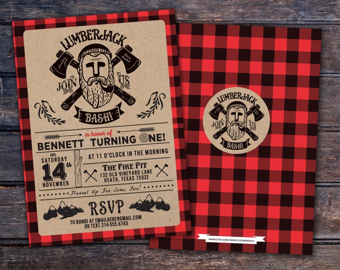 Lumberjack birthday Invitation, Buffalo Plaid Woodland Invitation, Lumberjack Invite, moose invite, bear invite, camping invitation