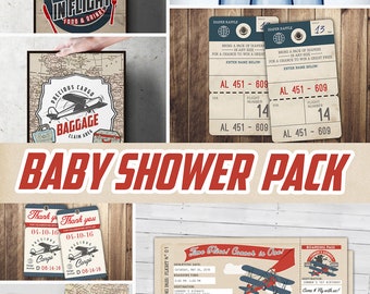 May include: A baby shower party pack with a vintage aeroplane theme. The pack includes a welcome sign, diaper raffle tickets, thank you tags, a boarding pass, and a blank invitation card. The design features a brown and beige map background with red, blue, and white accents.