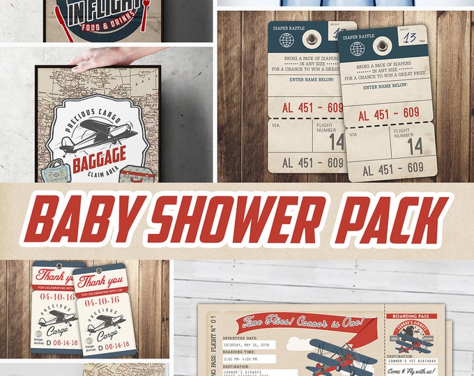 Precious Cargo party pack,  Baby Shower Invitation, vintage airplane invitation, travel theme, luggage tag, Digital files only