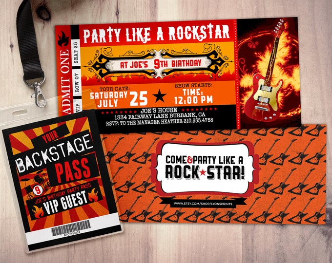 ROCK STAR concert ticket birthday party invitation- Music invitation- photo card, printable, rockstar party, flames, guitar, rocker