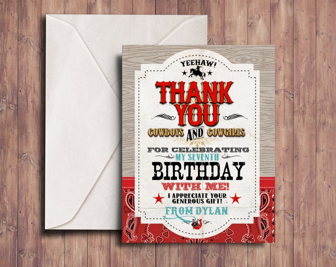 Thank you card,Vintage Cowboy Invitation, boy birthday, cowgirl, rodeo, western invitation, retro, wanted poster, rodeo poster, cowgirl,