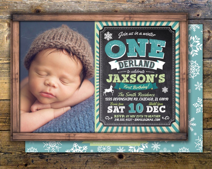 First birthday invitation - First birthday chalkboard invitation - winter ONEderland- 1st birthday party invitation - Chalkboard printable
