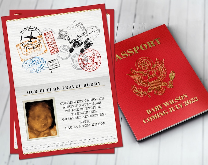 Passport pregnancy announcement, birth announcement, travel baby announcement, baby boy, baby girl, baby shower, pregnant, expecting