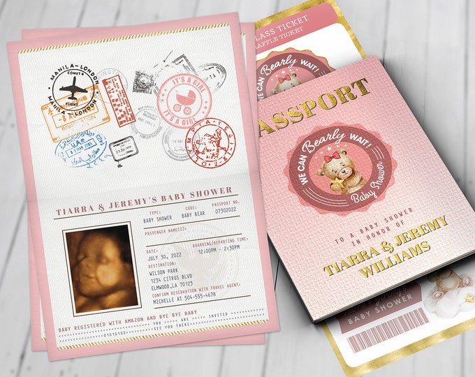 Teddy Bear Baby Shower Invitation, We can Bearly Wait, Bearly Wait Baby Shower Invitation, passport invitation