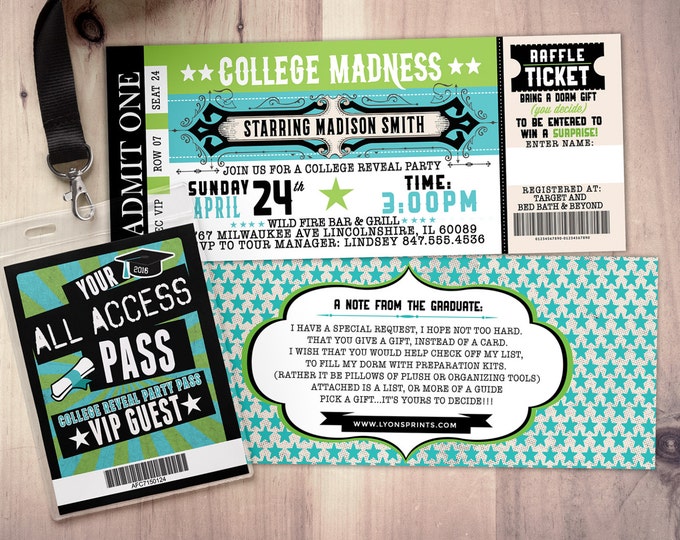 College reveal party, Concert ticket, graduation party invitation, rockstar birthday invitation, VIP pass, ticket invitation, rock star