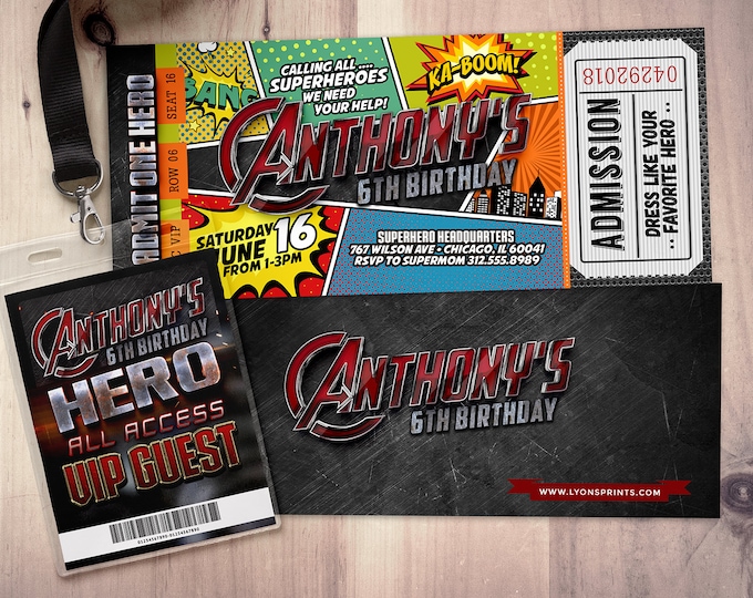 Amusement Park party, Super Hero party invitation, boy birthday invitations / Theme park, super hero birthday, comic ticket, Digital files