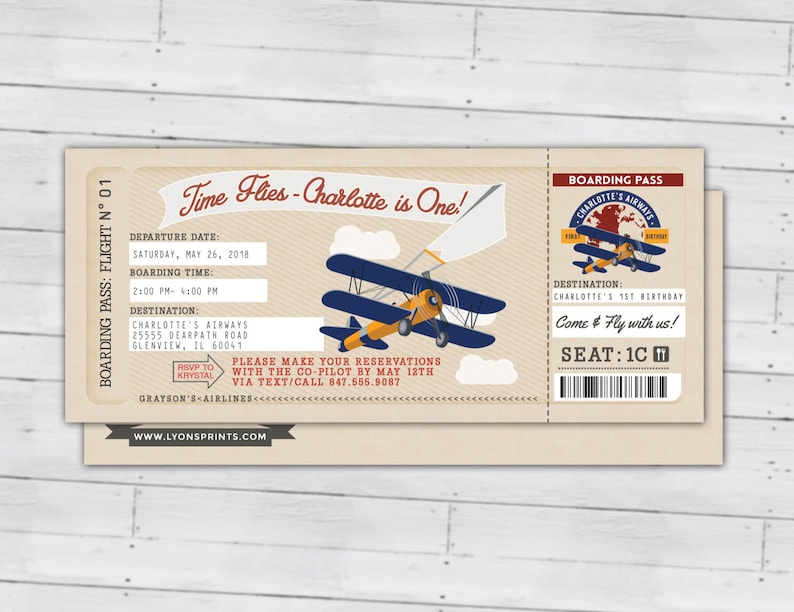 Time Flies, Vintage Airplane Boarding Pass Birthday Invitation Vintage, Airplane, first birthday, ticket invitation, Digital files only image 4