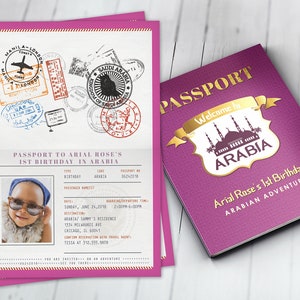 Arabia, Arabian, Passport and ticket, birthday invitation, Girl birthday, travel birthday party invitation, birthday, ethnic, Arabian nights