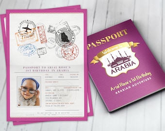 Arabia, Arabian, Passport and ticket, birthday invitation, Girl birthday, travel birthday party invitation, birthday, ethnic, Arabian nights