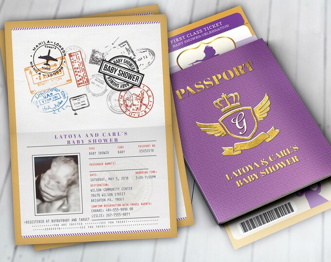 PASSPORT and TICKET baby shower invitation, Coed baby shower invitation- travel baby shower invitation- couples baby shower, Digital files