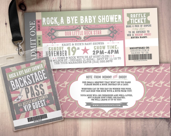 Rockstar baby shower invitation, Coed baby shower invitation, Rockabye baby shower, ticket invitation, rockstar baby