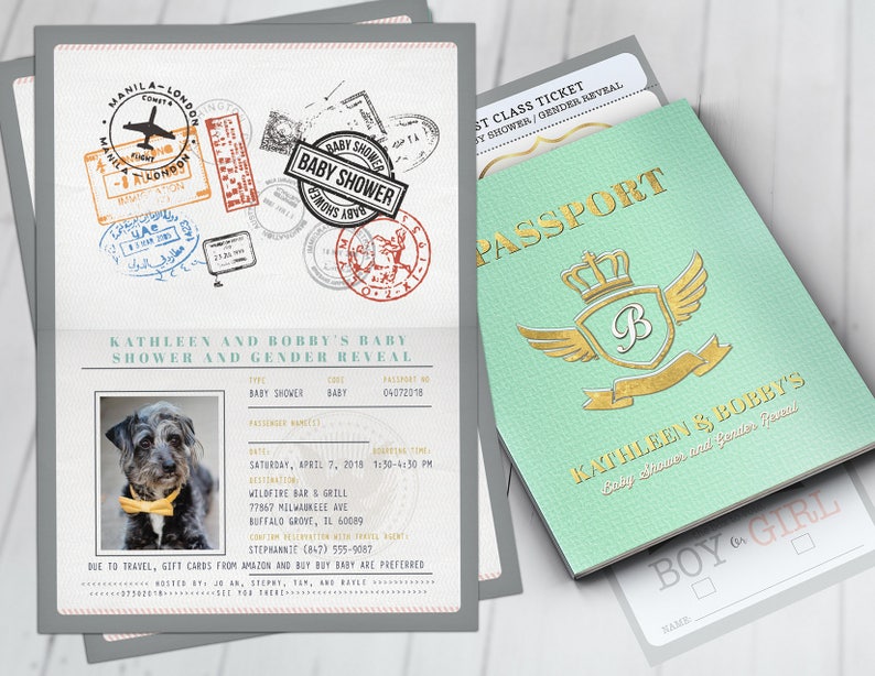 Digital files Only- couples baby shower Coed baby shower invitation- travel gender reveal PASSPORT and TICKET baby shower invitation