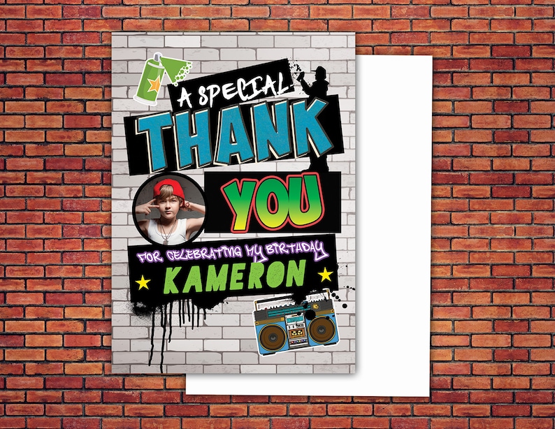 Thank you card, Hip Hop, Swagger, push it part, hip hop birthday, pop star,Fresh Prince, 80s,90s, throwback party, hip hop theme image 1