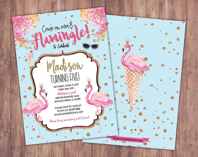 Birthday, Flamingo invitation, Flamingo party, pool party invitation, baby shower invitation, pink gold invitation, glitter invitation,