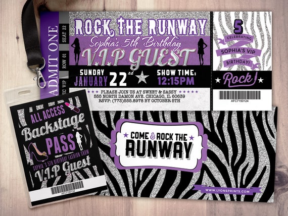Rock the Runway, ticket birthday party invitation- popstar invitation- rockstar party, fashion birthday, zebra print, high fashion, runway Il_570xn