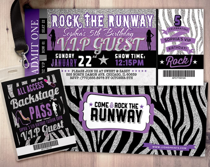 Rock the Runway, ticket birthday party invitation- popstar invitation-  rockstar party, fashion birthday, zebra print, high fashion, runway