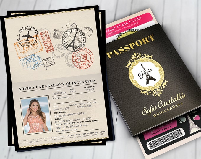 PASSPORT and TICKET invitation! Girl birthday party invitation- travel, Digital files only- Paris, prom, sweet 16, Quinceañera