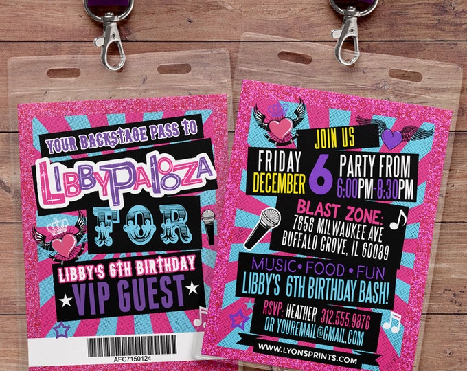 Retro, neon, VIP PASS, backstage pass, Vip invitation, birthday invitation, pop star, bridal shower invite,  lanyard, Rock Star birthday,