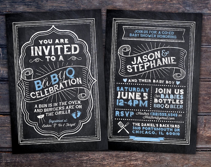 BabyQ chalkboard couples co-ed Baby Shower BBQ invitation - babyq - boy girl gender neutral - baby is brewing, baby boy, baby girl shower