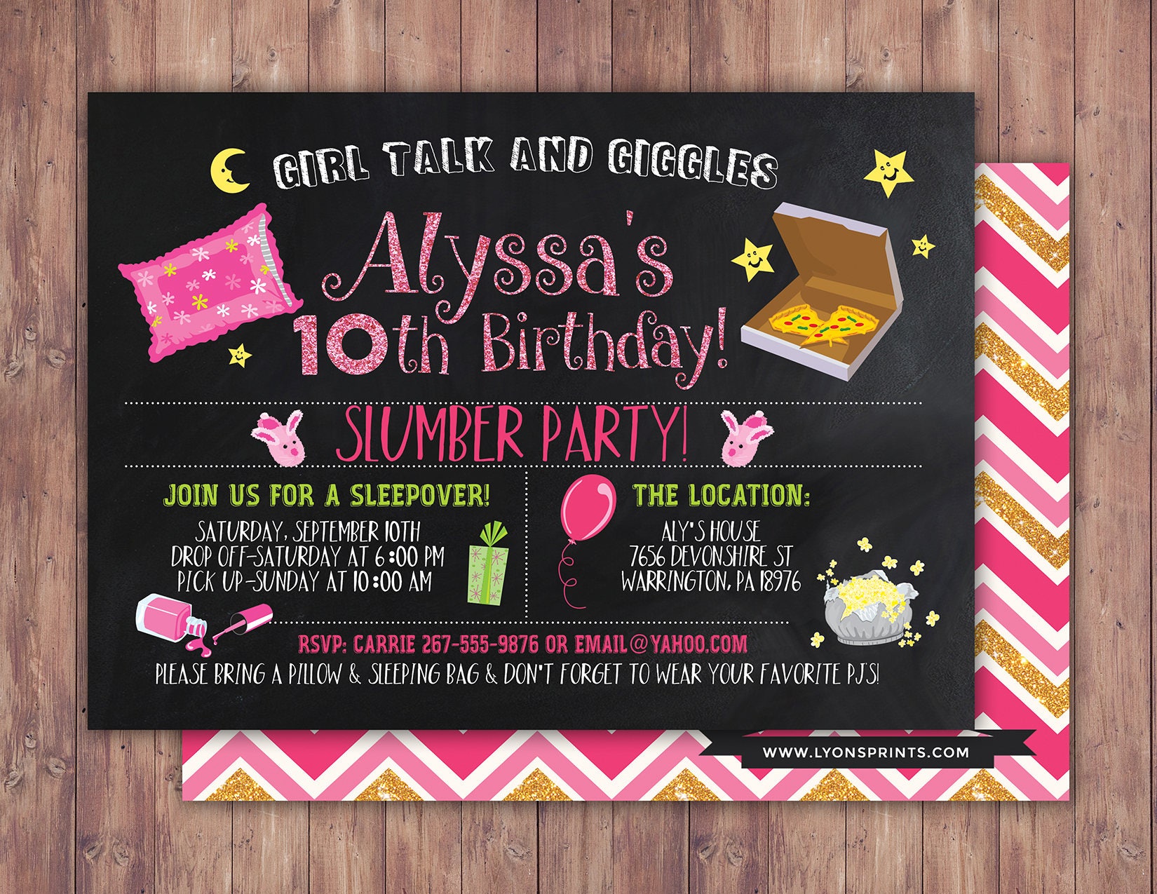 printable-pink-and-gold-sleepover-chalkboard-ticket-birthday-invitation