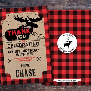 Shower de bébé, merci, fichier numérique uniquement, carte de remerciement de bûcheron, anniversaire de bûcheron, Buffalo Plaid Woodland. ours carte de remerciement