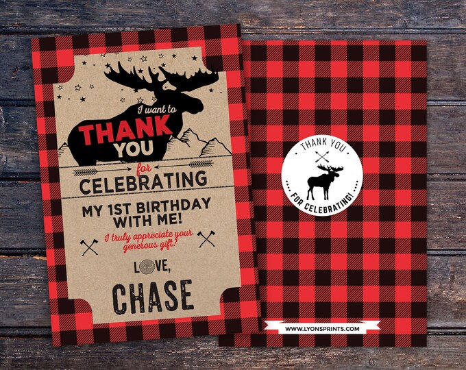 Baby shower, thank you, digital file only, Lumberjack thank you card, Lumberjack birthday, Buffalo Plaid Woodland. bear thank you card