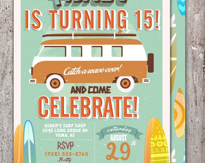 Pool Party Invitation, surfer birthday, birthday invitation, invite, vintage surfer, girl birthday, pool party, swimming, surfing, twins
