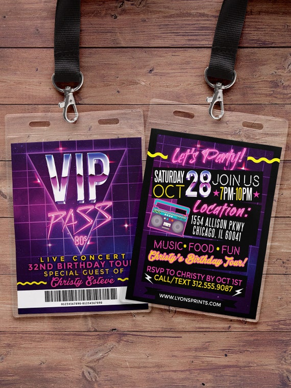 80s party, 80s, Hip Hop, hair metal, VIP PASS, backstage pass, Vip invitation, birthday invitation, birthday, fresh prince, Digital files Il_570xn