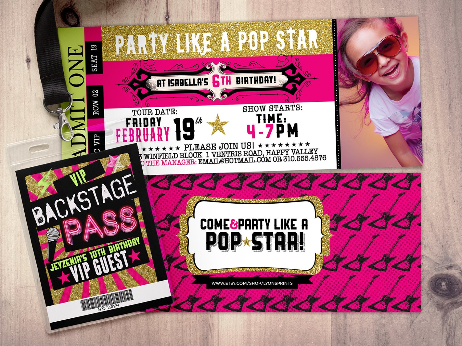 girl birthday invitation pop star birthday invitation-music birthday invitation Rock Star-Concert ticket birthday invitation