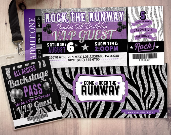 Rock the Runway, ticket birthday party invitation- popstar invitation-  rockstar party, fashion birthday, zebra print, high fashion, runway