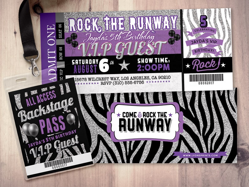 Rock the Runway, ticket birthday party invitation popstar invitation rockstar party, fashion birthday, zebra print, high fashion, runway image 1