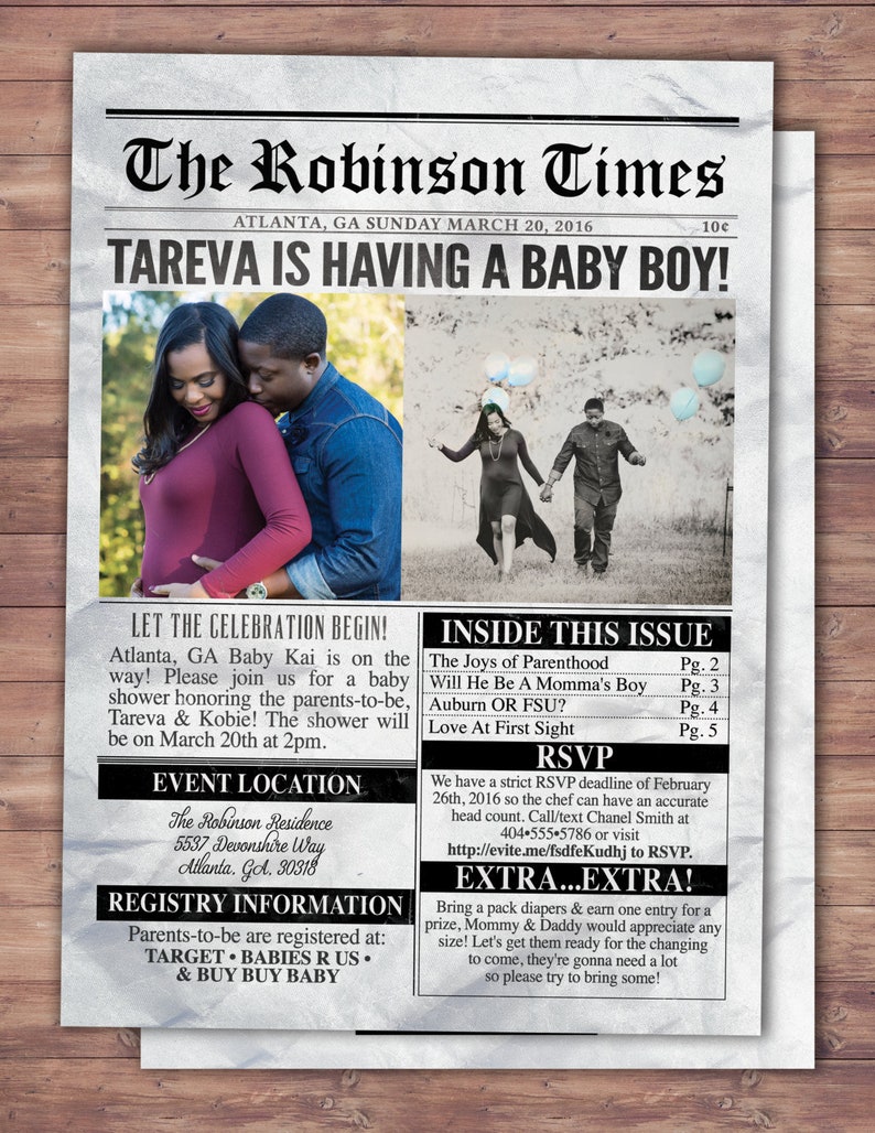 NEWSPAPER baby shower invitationt, birth announcement, baby boy, sports, football, baby shower, baby announcement, birth announcement image 1